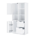 Meuble de rangement blanc sur pied avec portes, tiroirs et étagères ouvertes