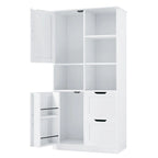 Meuble de rangement blanc sur pied avec portes, tiroirs et étagères ouvertes