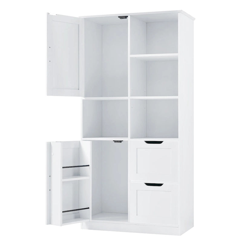 Meuble de rangement blanc sur pied avec portes, tiroirs et étagères ouvertes