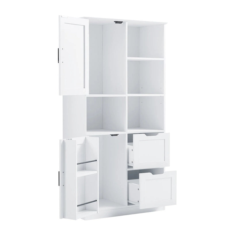 Meuble de rangement blanc sur pied avec portes, tiroirs et étagères ouvertes