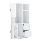 Meuble de rangement blanc sur pied avec portes, tiroirs et étagères ouvertes