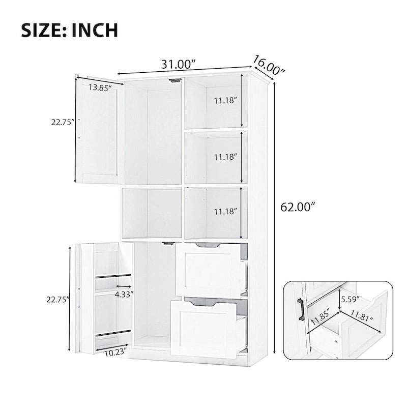 Meuble de rangement blanc sur pied avec portes, tiroirs et étagères ouvertes