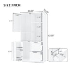 Meuble de rangement blanc sur pied avec portes, tiroirs et étagères ouvertes