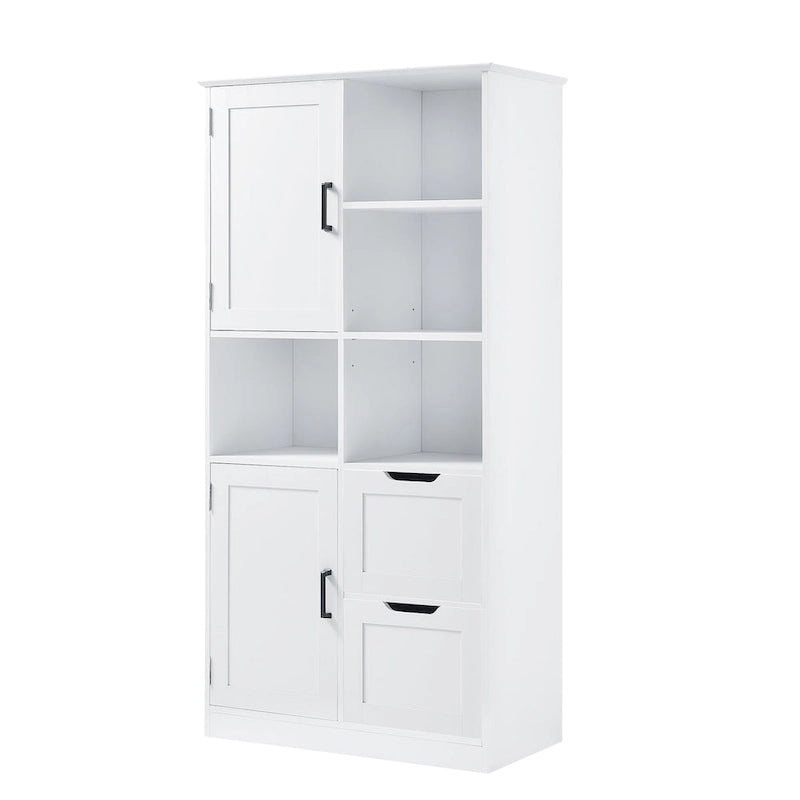 Meuble de rangement blanc sur pied avec portes, tiroirs et étagères ouvertes