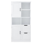Meuble de rangement blanc sur pied avec portes, tiroirs et étagères ouvertes