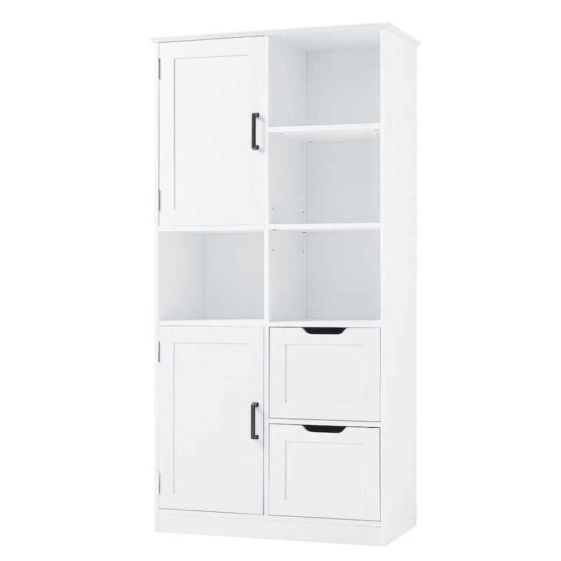 Meuble de rangement blanc sur pied avec portes, tiroirs et étagères ouvertes