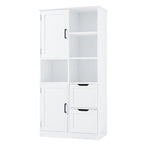 Meuble de rangement blanc sur pied avec portes, tiroirs et étagères ouvertes