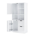Meuble de rangement blanc sur pied avec portes, tiroirs et étagères ouvertes
