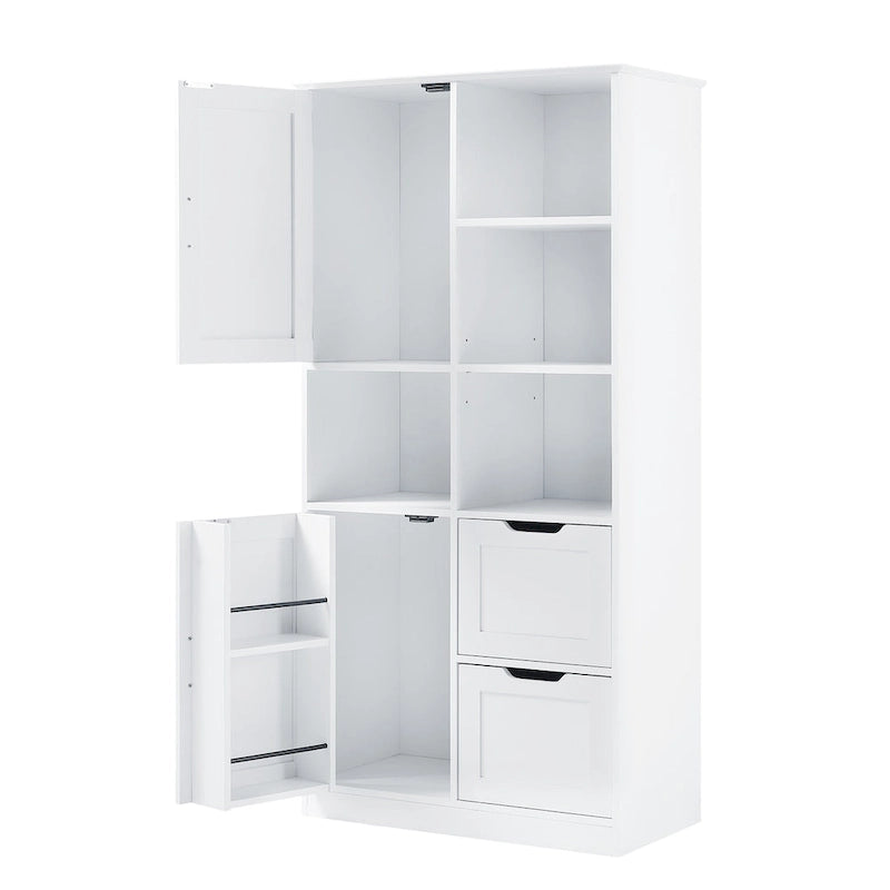 Meuble de rangement blanc sur pied avec portes, tiroirs et étagères ouvertes