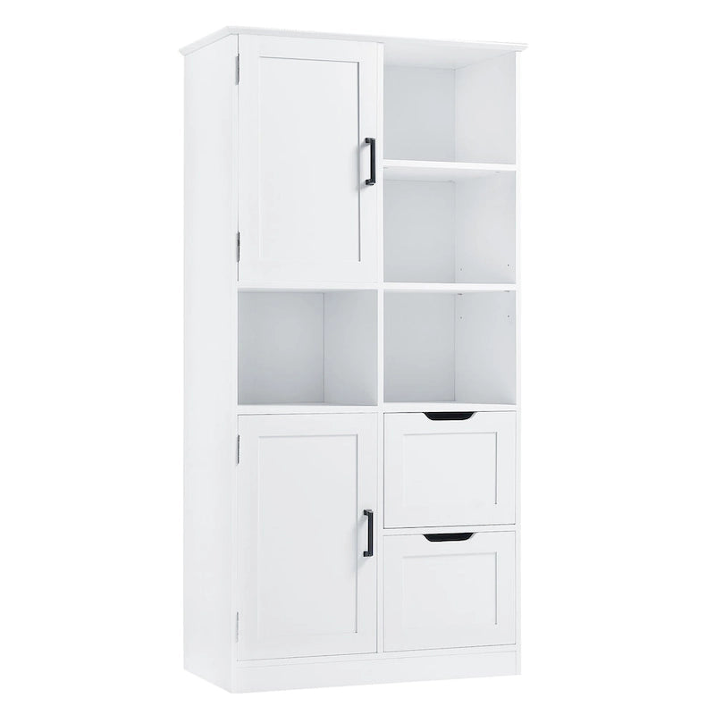 Meuble de rangement blanc sur pied avec portes, tiroirs et étagères ouvertes