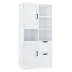 Meuble de rangement blanc sur pied avec portes, tiroirs et étagères ouvertes