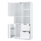 Meuble de rangement blanc sur pied avec portes, tiroirs et étagères ouvertes