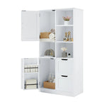 Meuble de rangement blanc sur pied avec portes, tiroirs et étagères ouvertes