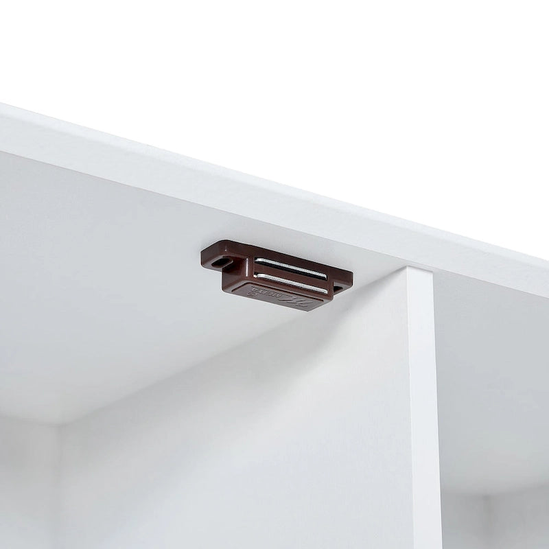 Meuble de rangement blanc sur pied avec portes, tiroirs et étagères ouvertes