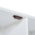Meuble de rangement blanc sur pied avec portes, tiroirs et étagères ouvertes