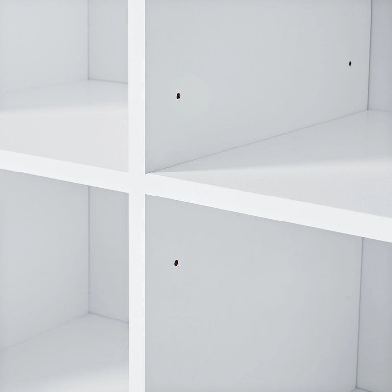 Meuble de rangement blanc sur pied avec portes, tiroirs et étagères ouvertes