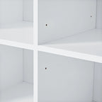 Meuble de rangement blanc sur pied avec portes, tiroirs et étagères ouvertes
