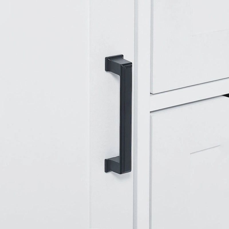 Meuble de rangement blanc sur pied avec portes, tiroirs et étagères ouvertes