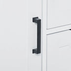 Meuble de rangement blanc sur pied avec portes, tiroirs et étagères ouvertes