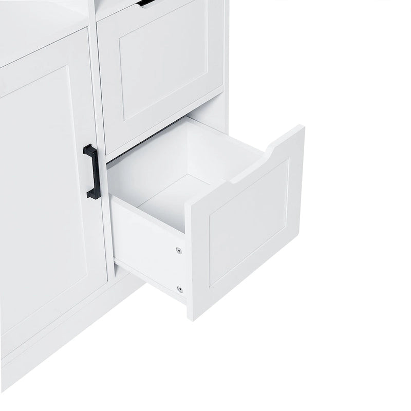 Meuble de rangement blanc sur pied avec portes, tiroirs et étagères ouvertes
