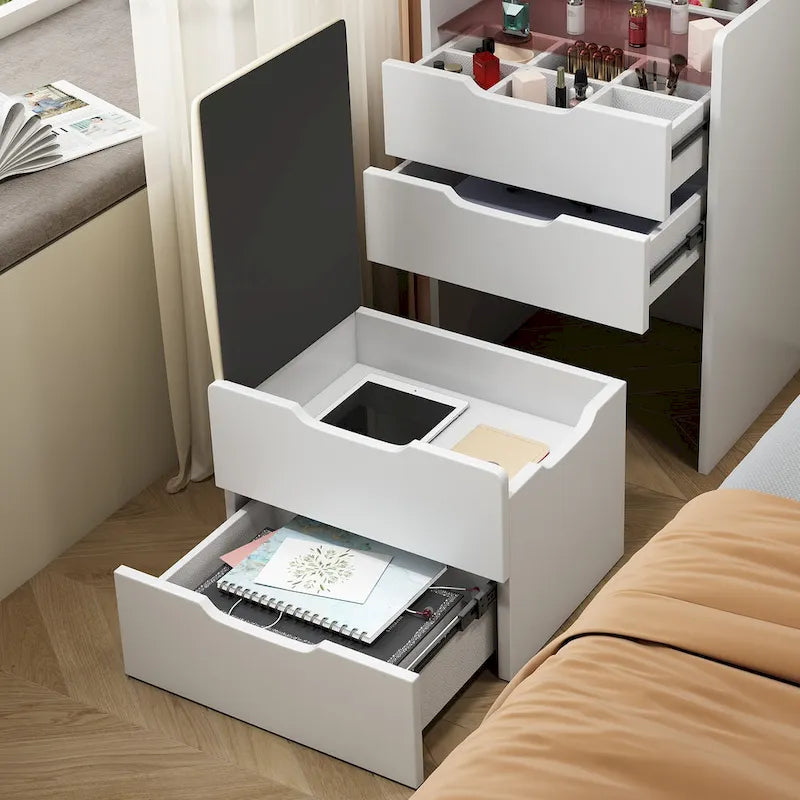 Coiffeuse blanche 3-en-1 avec miroir escamotable, 3 tiroirs et tabouret rembourré, Individuel
