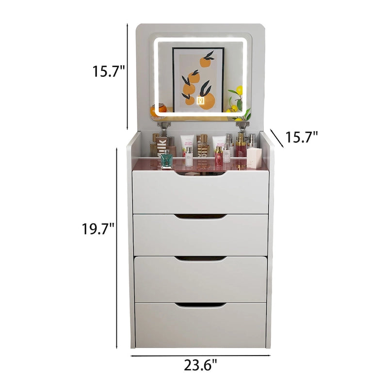 Coiffeuse blanche 3-en-1 avec miroir escamotable, 3 tiroirs et tabouret rembourré, Individuel