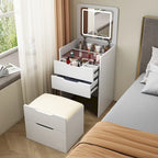 Coiffeuse blanche 3-en-1 avec miroir escamotable, 3 tiroirs et tabouret rembourré, Individuel