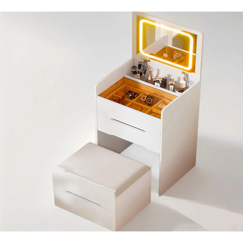 Coiffeuse blanche 3-en-1 avec miroir escamotable, 3 tiroirs et tabouret rembourré, Individuel