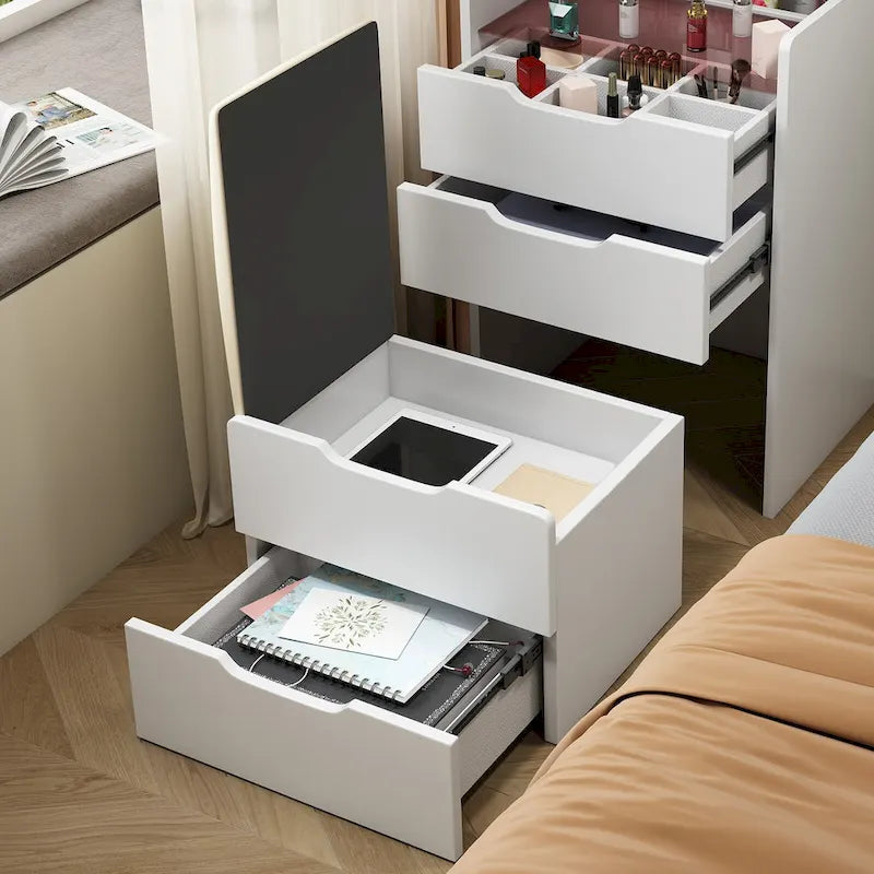 Coiffeuse blanche 3-en-1 avec miroir escamotable, 3 tiroirs et tabouret rembourré, Individuel