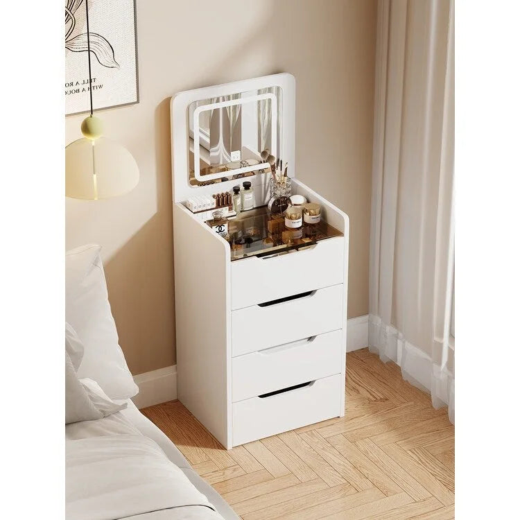 Coiffeuse blanche 3-en-1 avec miroir escamotable, 3 tiroirs et tabouret rembourré, Individuel