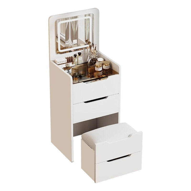 Coiffeuse blanche 3-en-1 avec miroir escamotable, 3 tiroirs et tabouret rembourré, Individuel