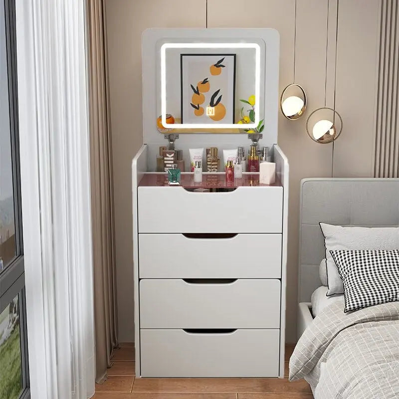 Coiffeuse blanche 3-en-1 avec miroir escamotable, 3 tiroirs et tabouret rembourré, Individuel