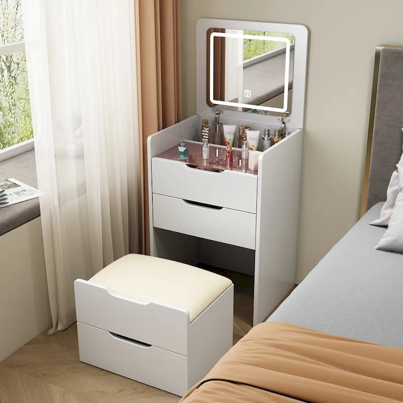 Coiffeuse blanche 3-en-1 avec miroir escamotable, 3 tiroirs et tabouret rembourré, Individuel